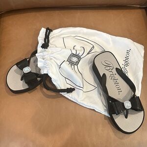 Brighton Bow Black Sandals with Rhinestone Accent